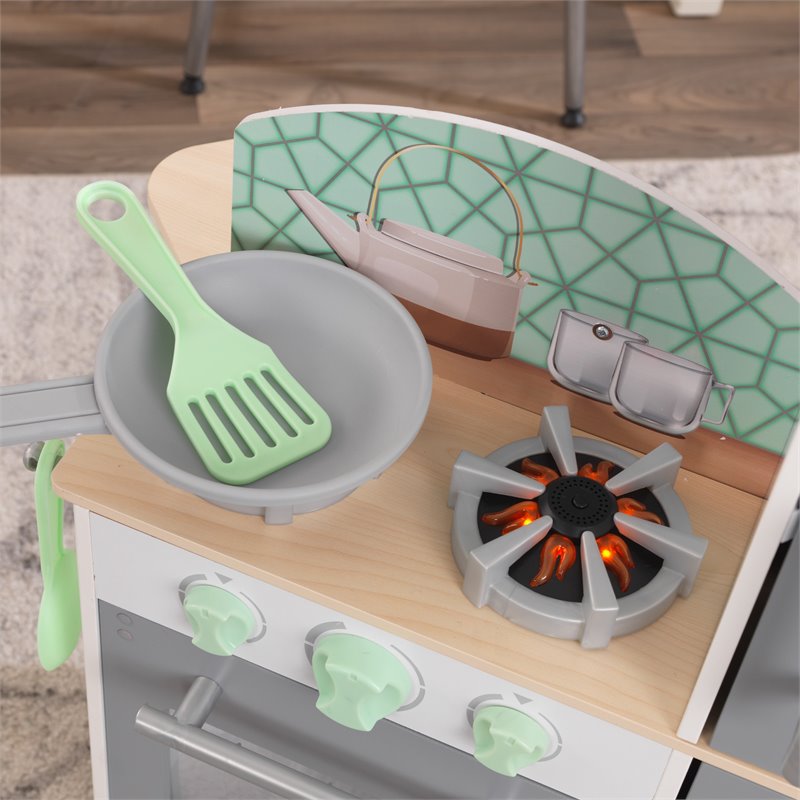 Pemberly Row 2 in 1 Wooden Plastic Play Kitchen and Laundry in Gray and White
