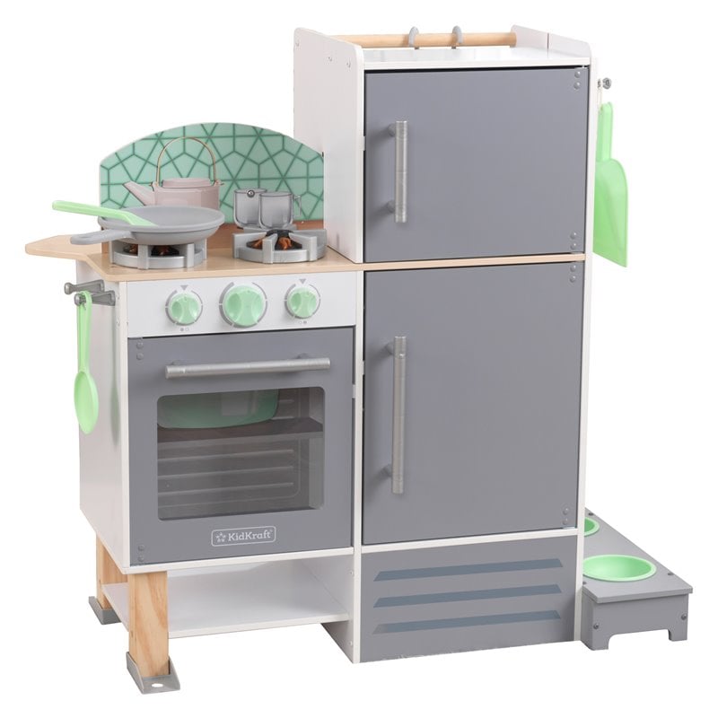 Pemberly Row 2 in 1 Wooden Plastic Play Kitchen and Laundry in Gray and White