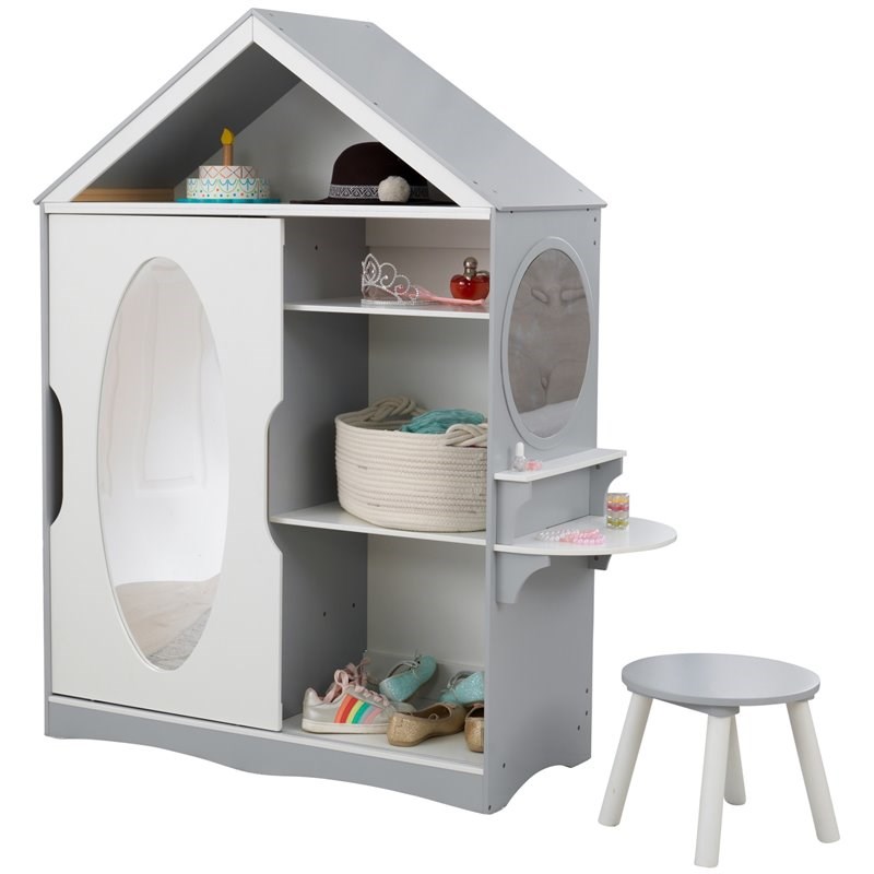 Pemberly Row 2 Piece Dress Up Wooden Armoire and Vanity in White and Gray