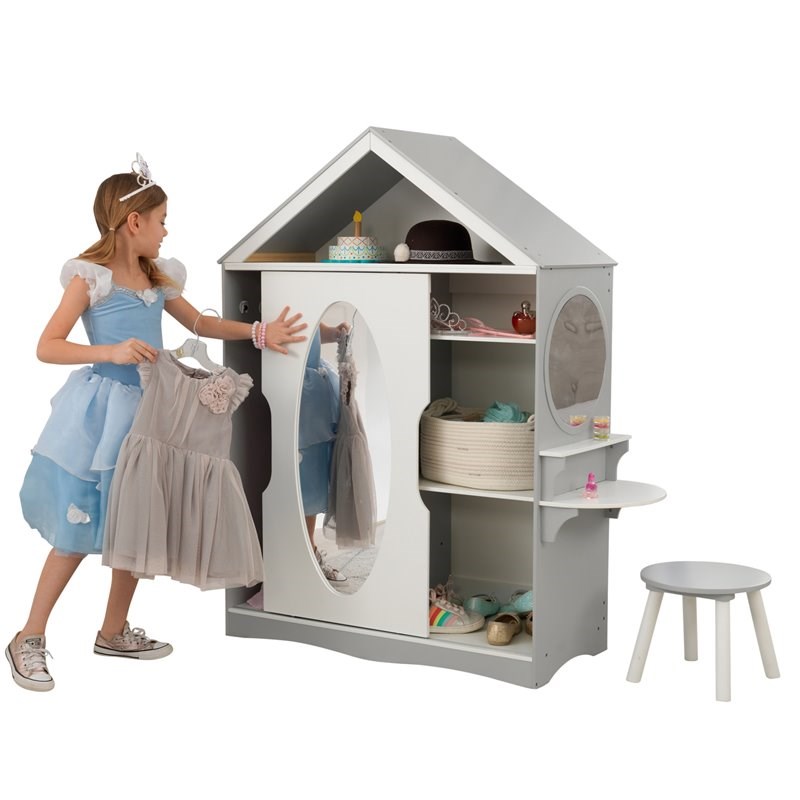 Pemberly Row 2 Piece Dress Up Wooden Armoire and Vanity in White and Gray