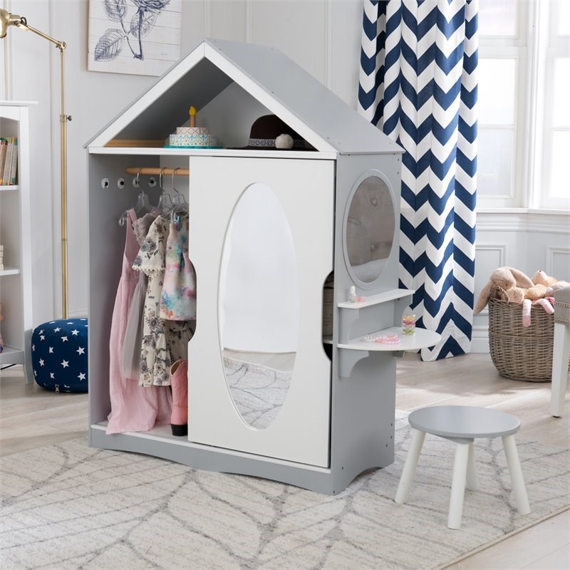 Pemberly Row 2 Piece Dress Up Wooden Armoire and Vanity in White and Gray