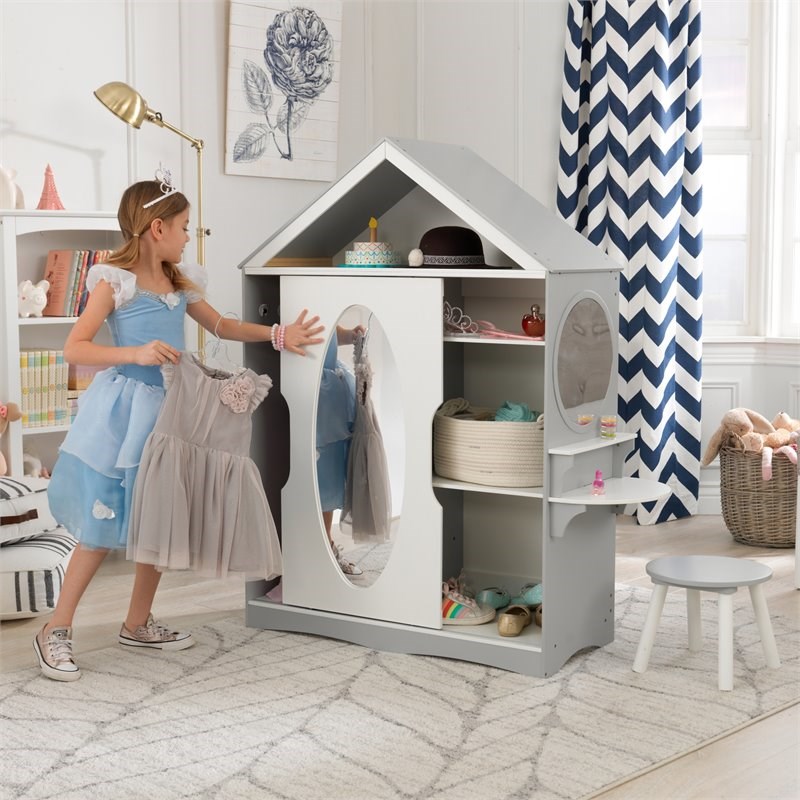 Pemberly Row 2 Piece Dress Up Wooden Armoire and Vanity in White and Gray