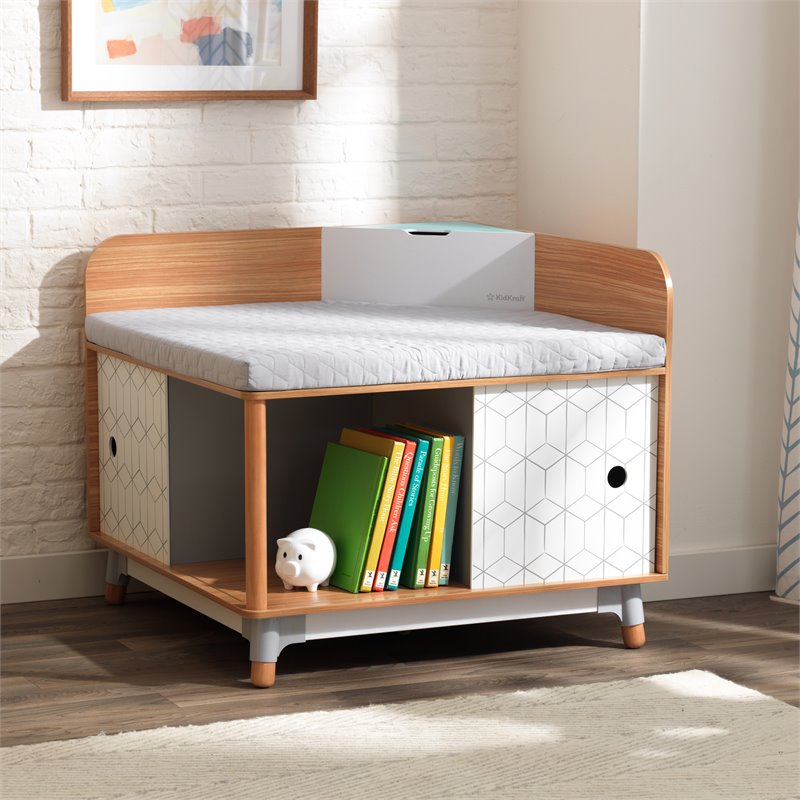 Pemberly Row Mid-Century Wooden Corner Reading Nook with Quilted Cushion