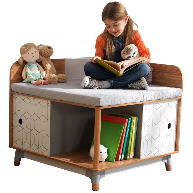 Pemberly Row Mid-Century Wooden Corner Reading Nook with Quilted Cushion