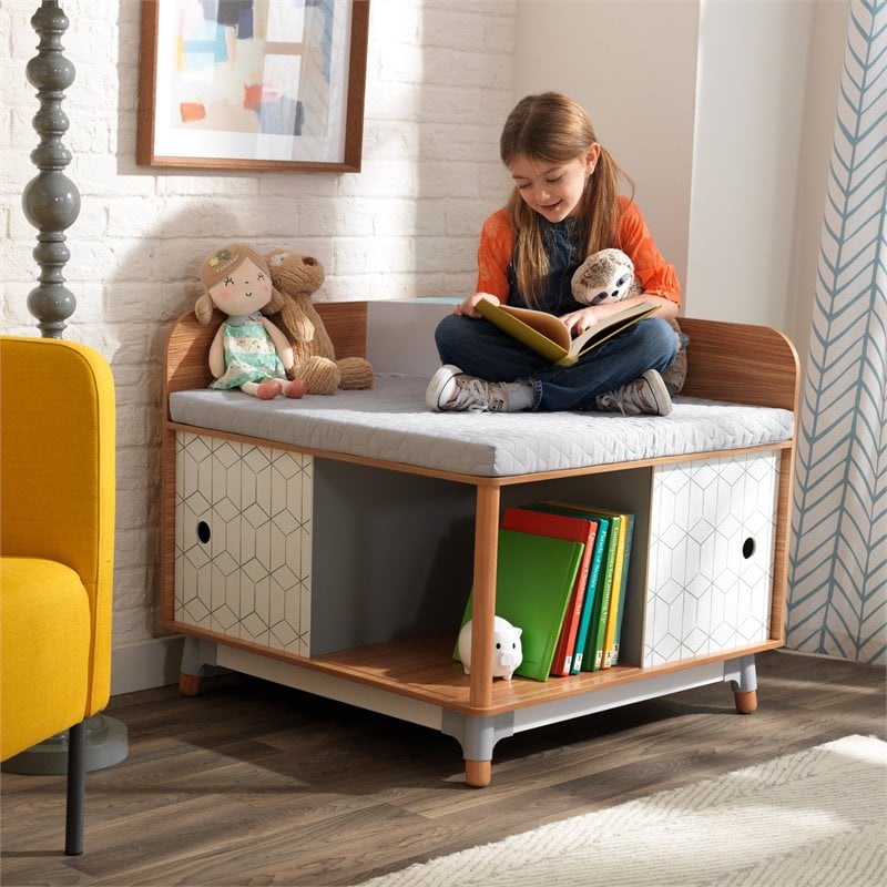Pemberly Row Mid-Century Wooden Corner Reading Nook with Quilted Cushion
