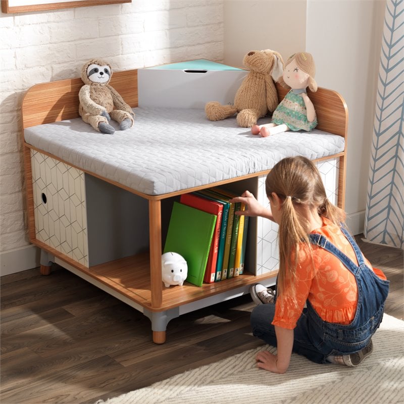 Pemberly Row Mid-Century Wooden Corner Reading Nook with Quilted Cushion
