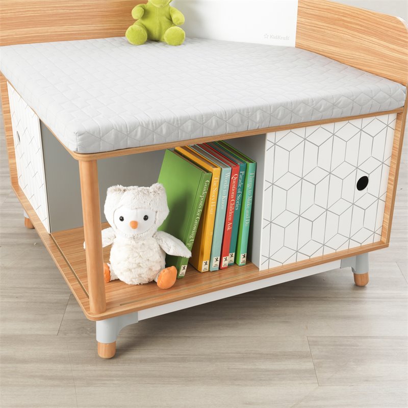 Pemberly Row Mid-Century Wooden Corner Reading Nook with Quilted Cushion