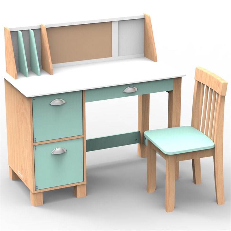 Pemberly Row Wooden Study Desk with Chair With Bulletin Board in Mint