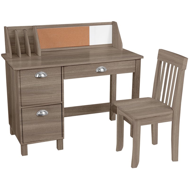 Pemberly Row Wooden Study Desk with Chair With Bulletin Board in Brown