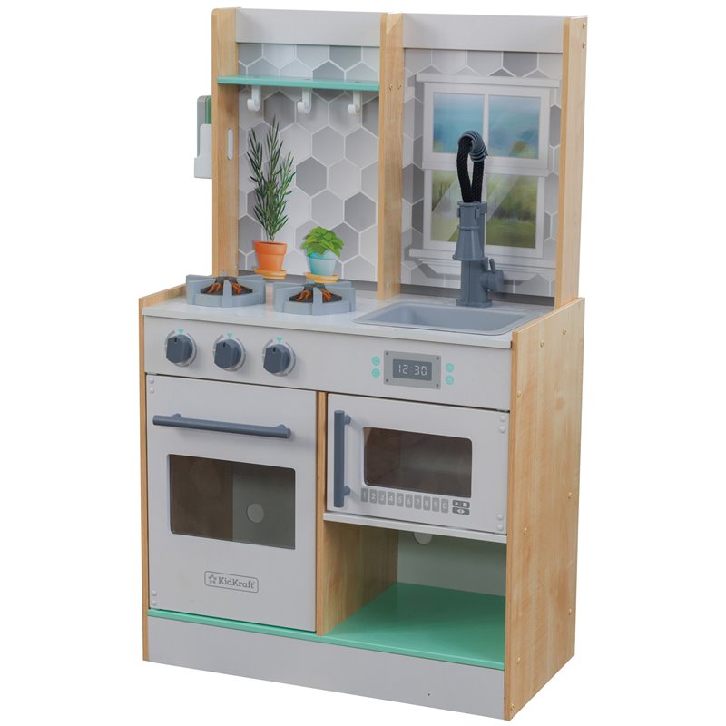 Pemberly Row Let's Cook Wooden Plastic Play Kitchen in Natural