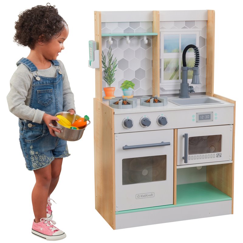 Pemberly Row Let's Cook Wooden Plastic Play Kitchen in Natural