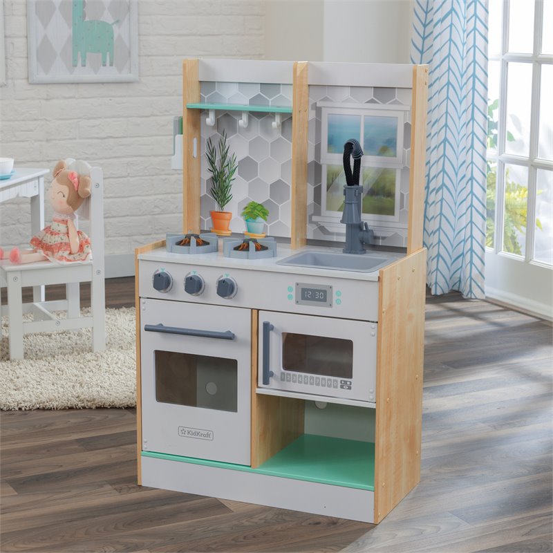 Pemberly Row Let's Cook Wooden Plastic Play Kitchen in Natural