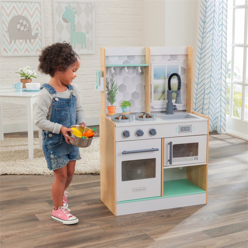 Pemberly Row Let's Cook Wooden Plastic Play Kitchen in Natural