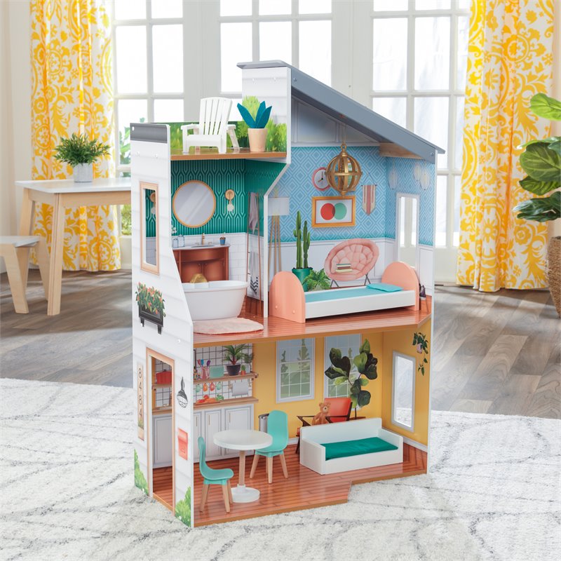 Pemberly Row Contemporary 10 Piece Wooden Plastic Glam Dollhouse