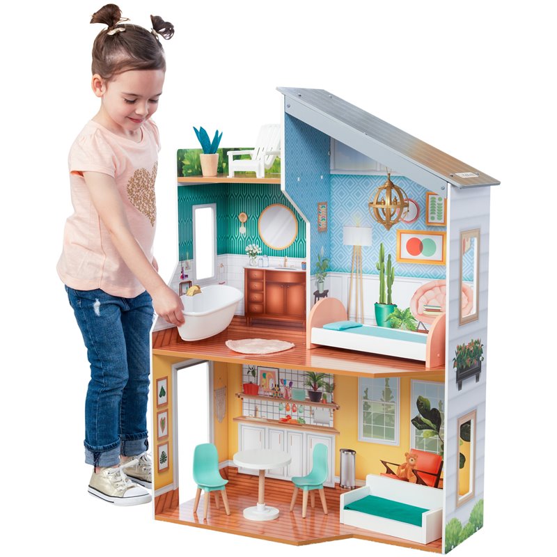 Pemberly Row Contemporary 10 Piece Wooden Plastic Glam Dollhouse