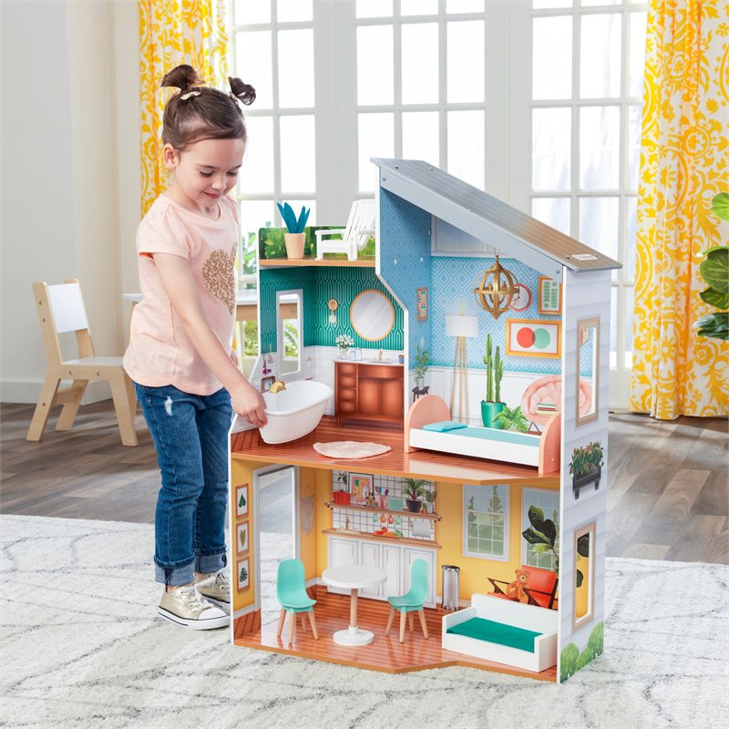 Pemberly Row Contemporary 10 Piece Wooden Plastic Glam Dollhouse
