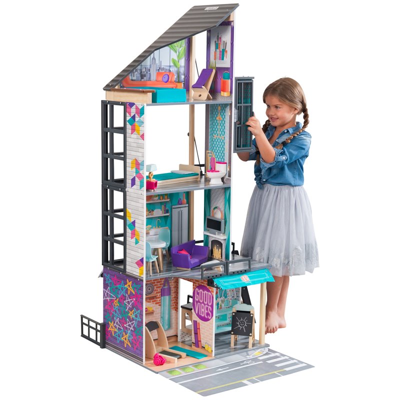 Pemberly Row City Life 26 Piece Wooden Dollhouse with Easy Assembly