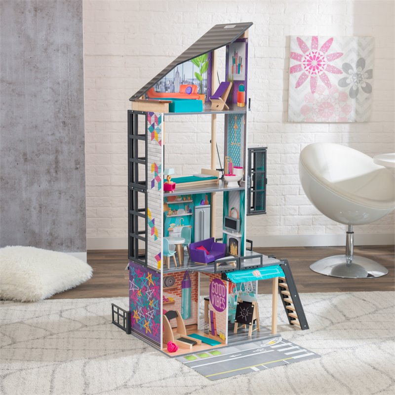Pemberly Row City Life 26 Piece Wooden Dollhouse with Easy Assembly