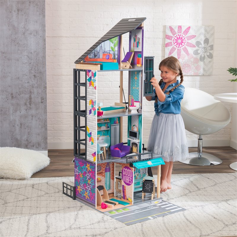 Pemberly Row City Life 26 Piece Wooden Dollhouse with Easy Assembly
