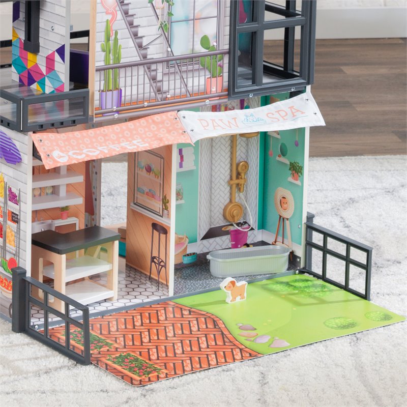Pemberly Row City Life 26 Piece Wooden Dollhouse with Easy Assembly