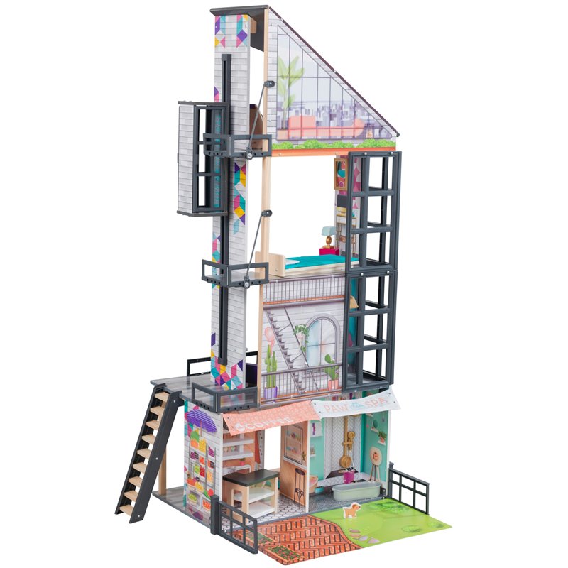 Pemberly Row City Life 26 Piece Wooden Dollhouse with Easy Assembly