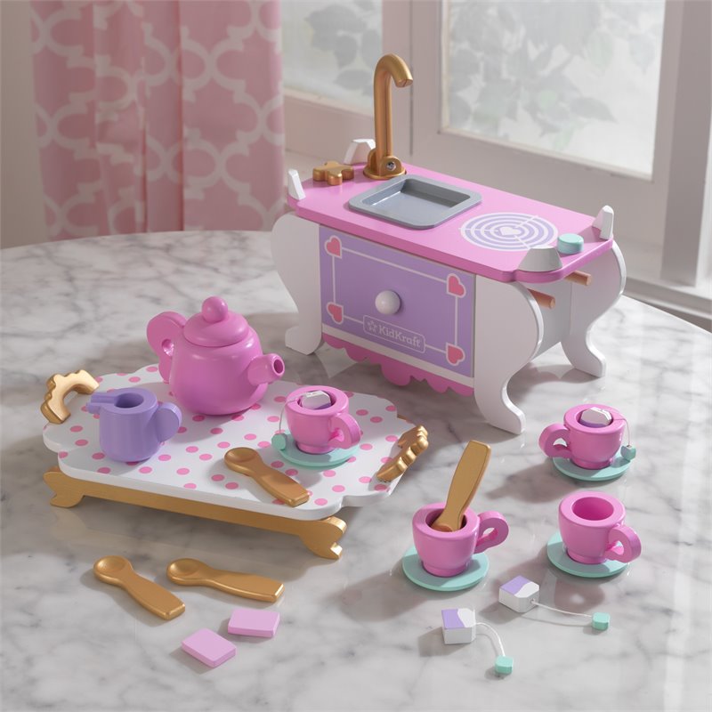 Pemberly Row Plastic Made 22 Piece Wooden Plastic Tea Time Play Set