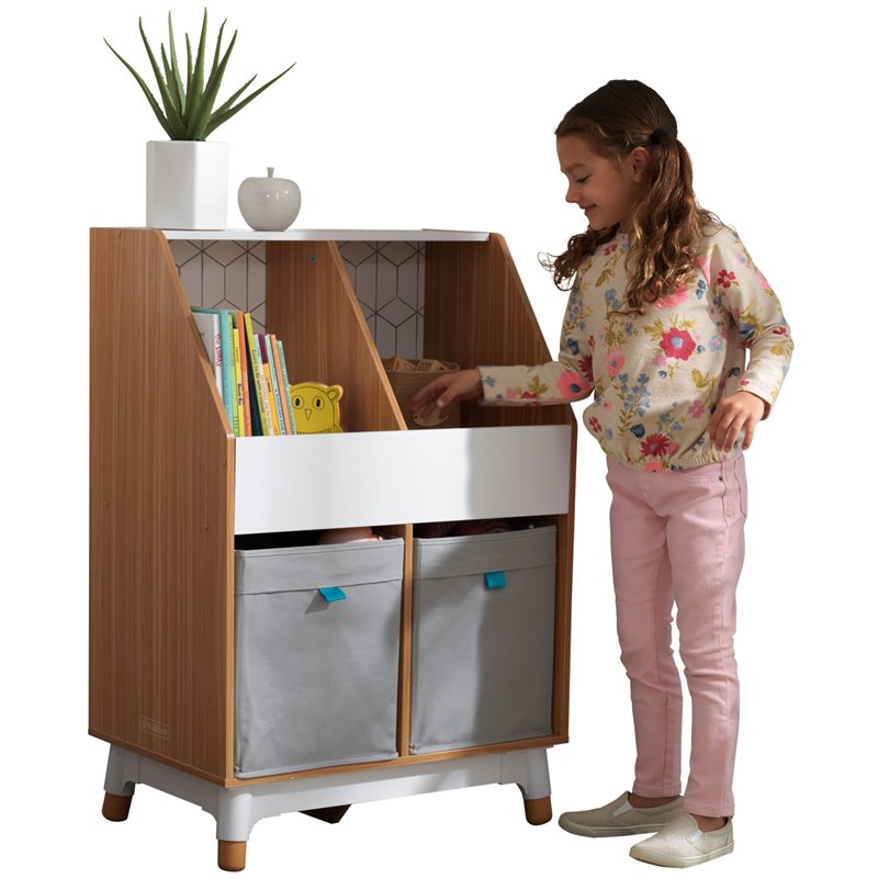 Pemberly Row Mid-Century Wooden Storage Unit With Canvas Bins