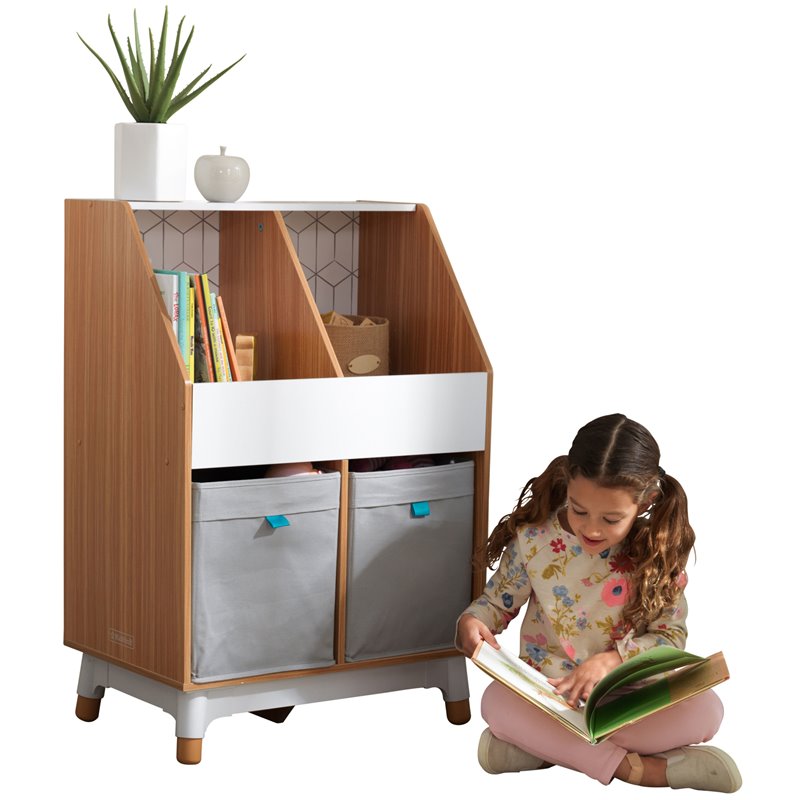 Pemberly Row Mid-Century Wooden Storage Unit With Canvas Bins