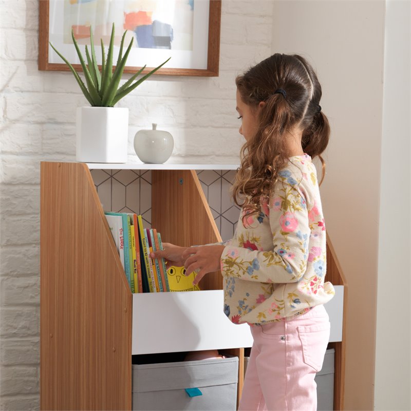Pemberly Row Mid-Century Wooden Storage Unit With Canvas Bins