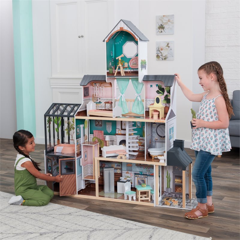 Pemberly Row Modern 24 Piece Wooden Dollhouse with Easy Assembly
