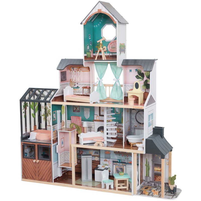Pemberly Row Modern 24 Piece Wooden Dollhouse with Easy Assembly
