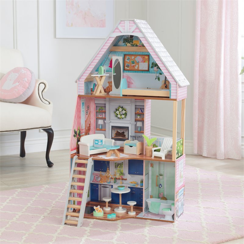 Pemberly Row 23 Piece Wooden Plastic Dollhouse with Easy Assembly