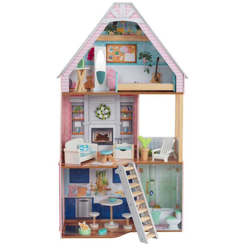 Pemberly Row 23 Piece Wooden Plastic Dollhouse with Easy Assembly