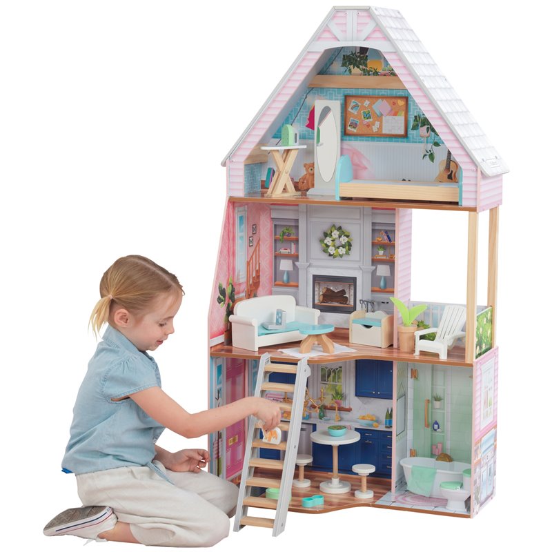 Pemberly Row 23 Piece Wooden Plastic Dollhouse with Easy Assembly