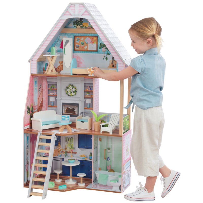 Pemberly Row 23 Piece Wooden Plastic Dollhouse with Easy Assembly