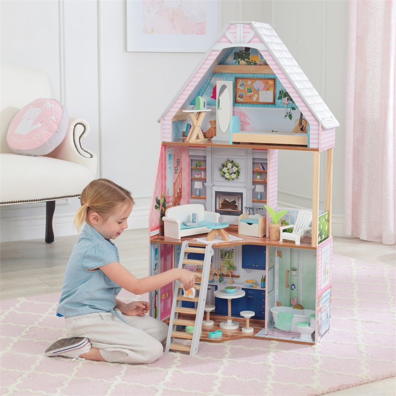 Pemberly Row 23 Piece Wooden Plastic Dollhouse with Easy Assembly