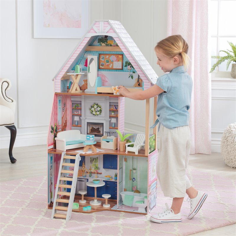 Pemberly Row 23 Piece Wooden Plastic Dollhouse with Easy Assembly