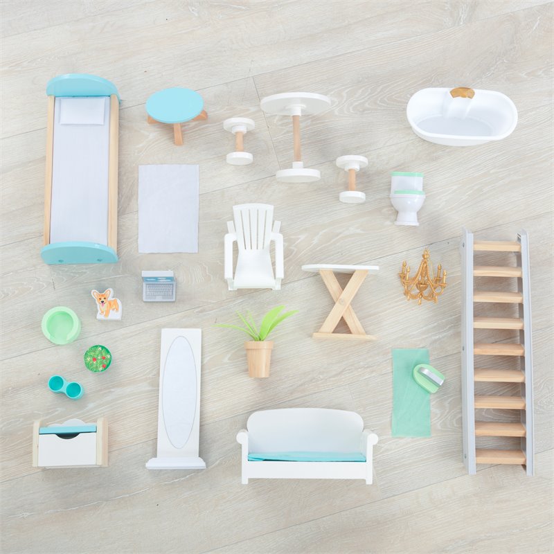 Pemberly Row 23 Piece Wooden Plastic Dollhouse with Easy Assembly