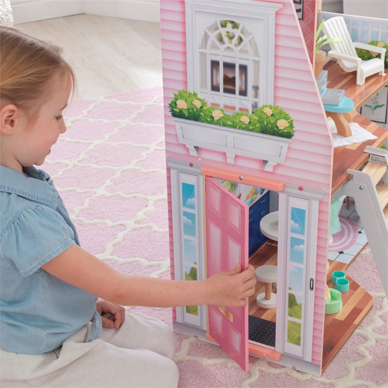 Pemberly Row 23 Piece Wooden Plastic Dollhouse with Easy Assembly