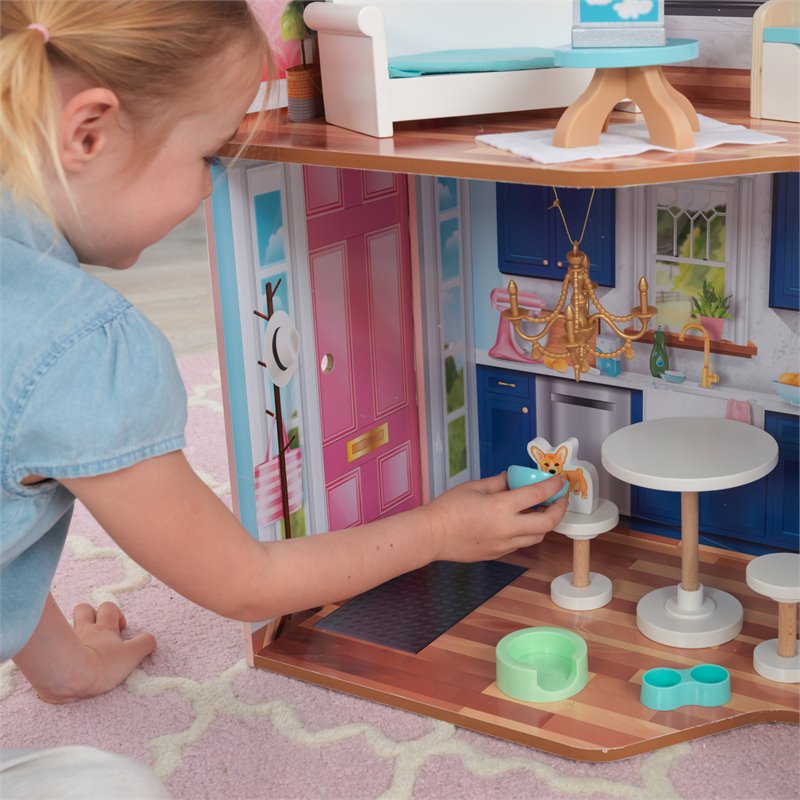 Pemberly Row 23 Piece Wooden Plastic Dollhouse with Easy Assembly