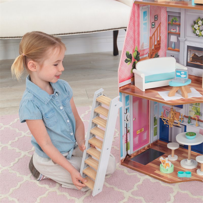 Pemberly Row 23 Piece Wooden Plastic Dollhouse with Easy Assembly