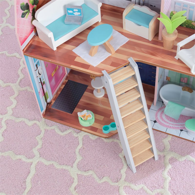Pemberly Row 23 Piece Wooden Plastic Dollhouse with Easy Assembly