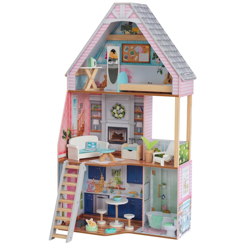 Pemberly Row 23 Piece Wooden Plastic Dollhouse with Easy Assembly
