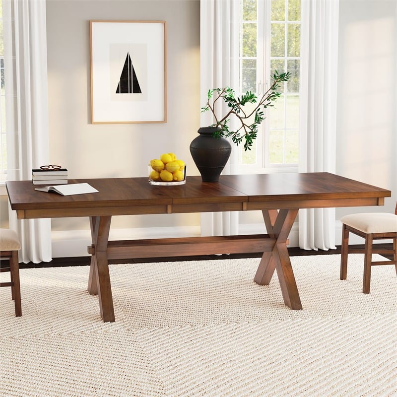 Pemberly Row Expandable Wood Dining Table X Design Legs in Dark Hazelnut Brown