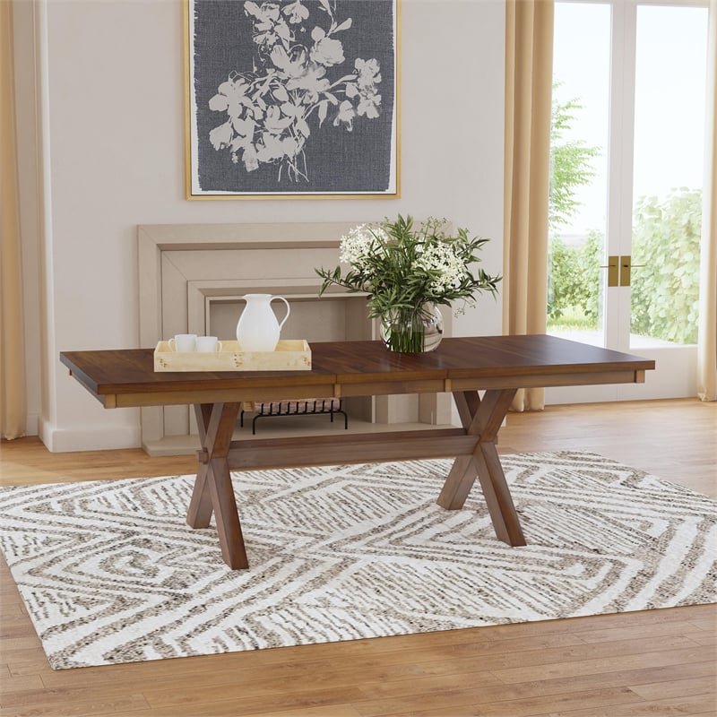 Pemberly Row Expandable Wood Dining Table X Design Legs in Dark Hazelnut Brown