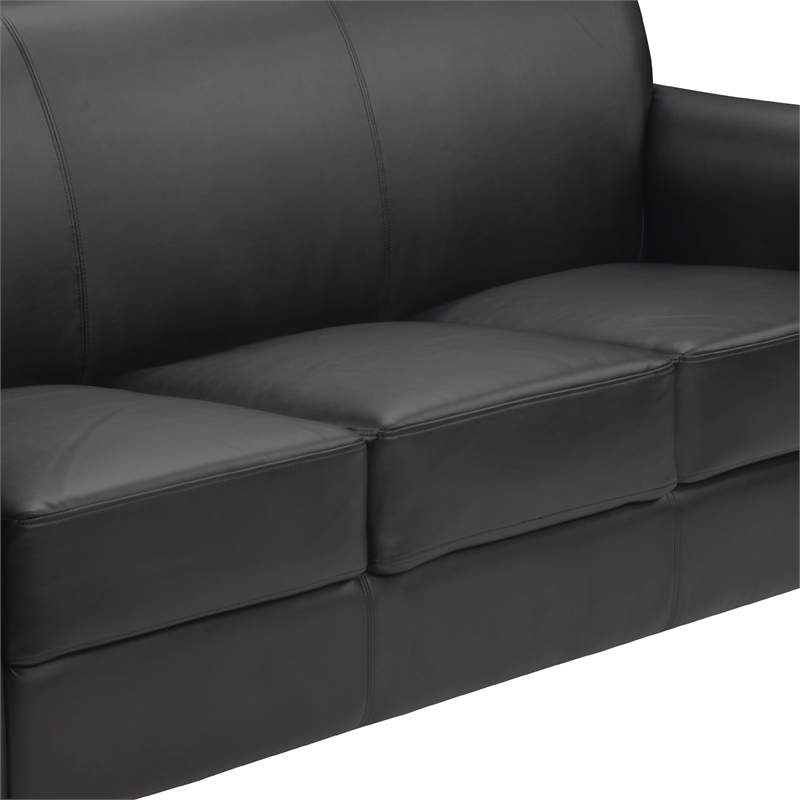 Pemberly Row Contemporary Diplomat Leather Sofa in Black Finish