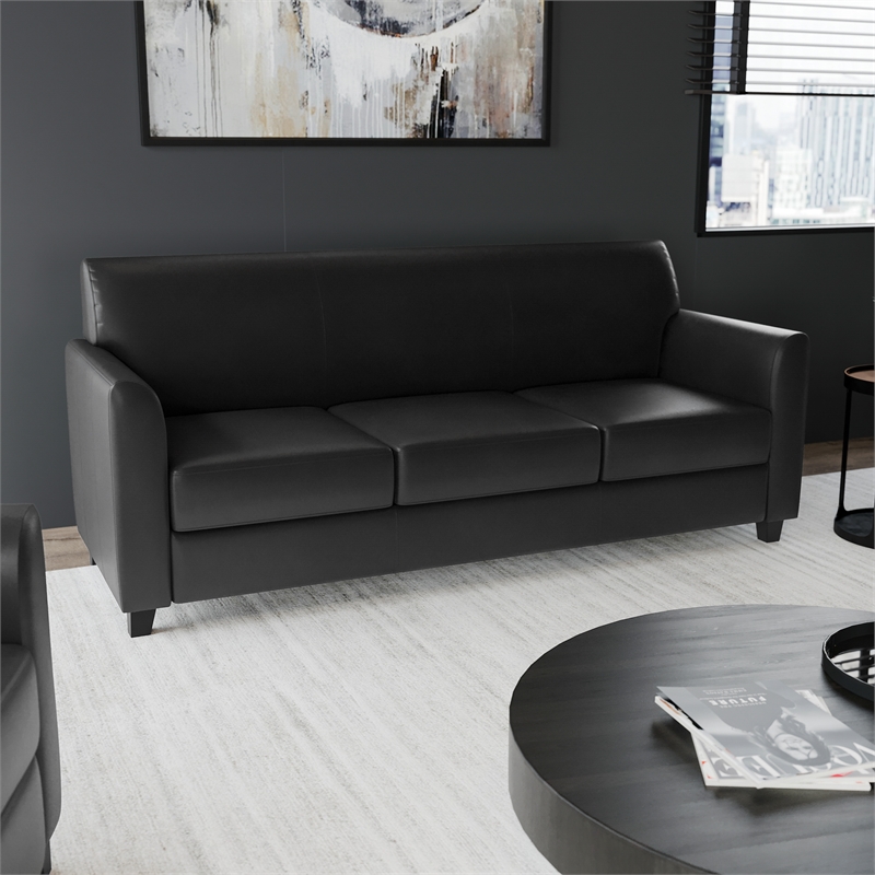 Pemberly Row Contemporary Diplomat Leather Sofa in Black Finish