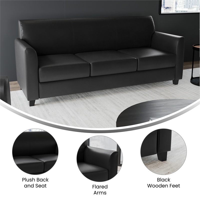 Pemberly Row Contemporary Diplomat Leather Sofa in Black Finish