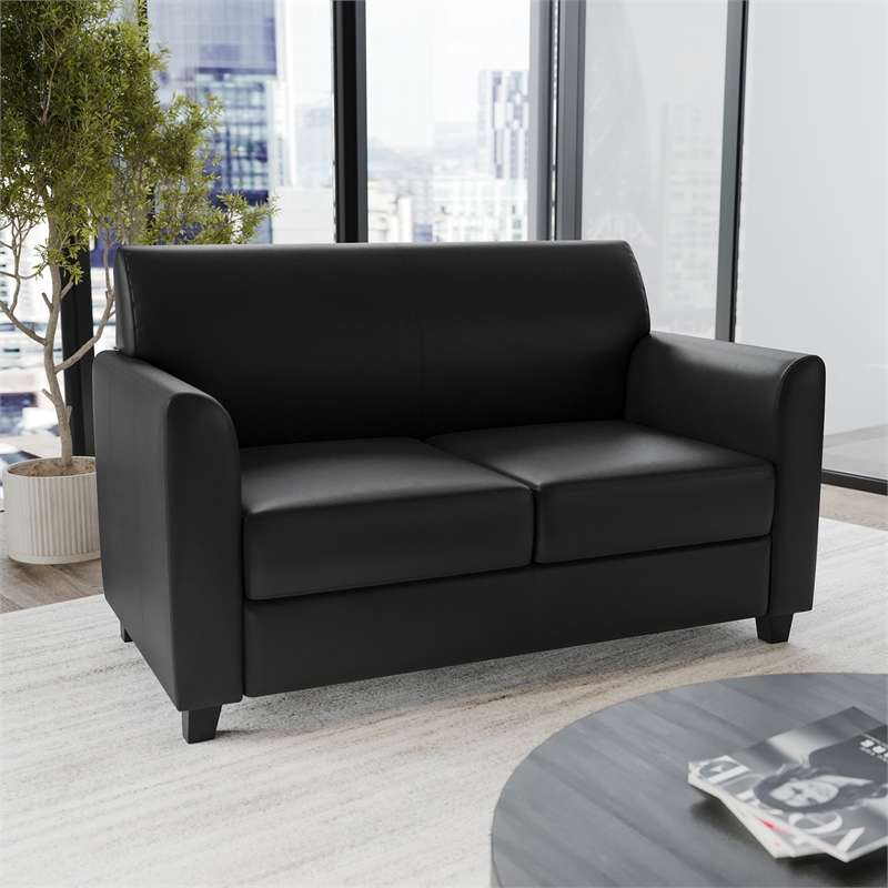 Pemberly Row Contemporary Diplomat Leather Loveseat in Black