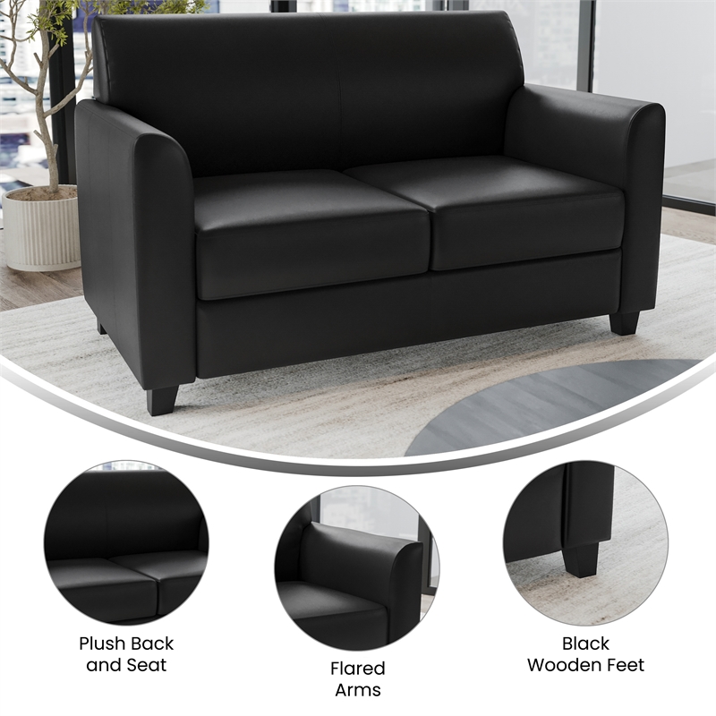 Pemberly Row Contemporary Diplomat Leather Loveseat in Black